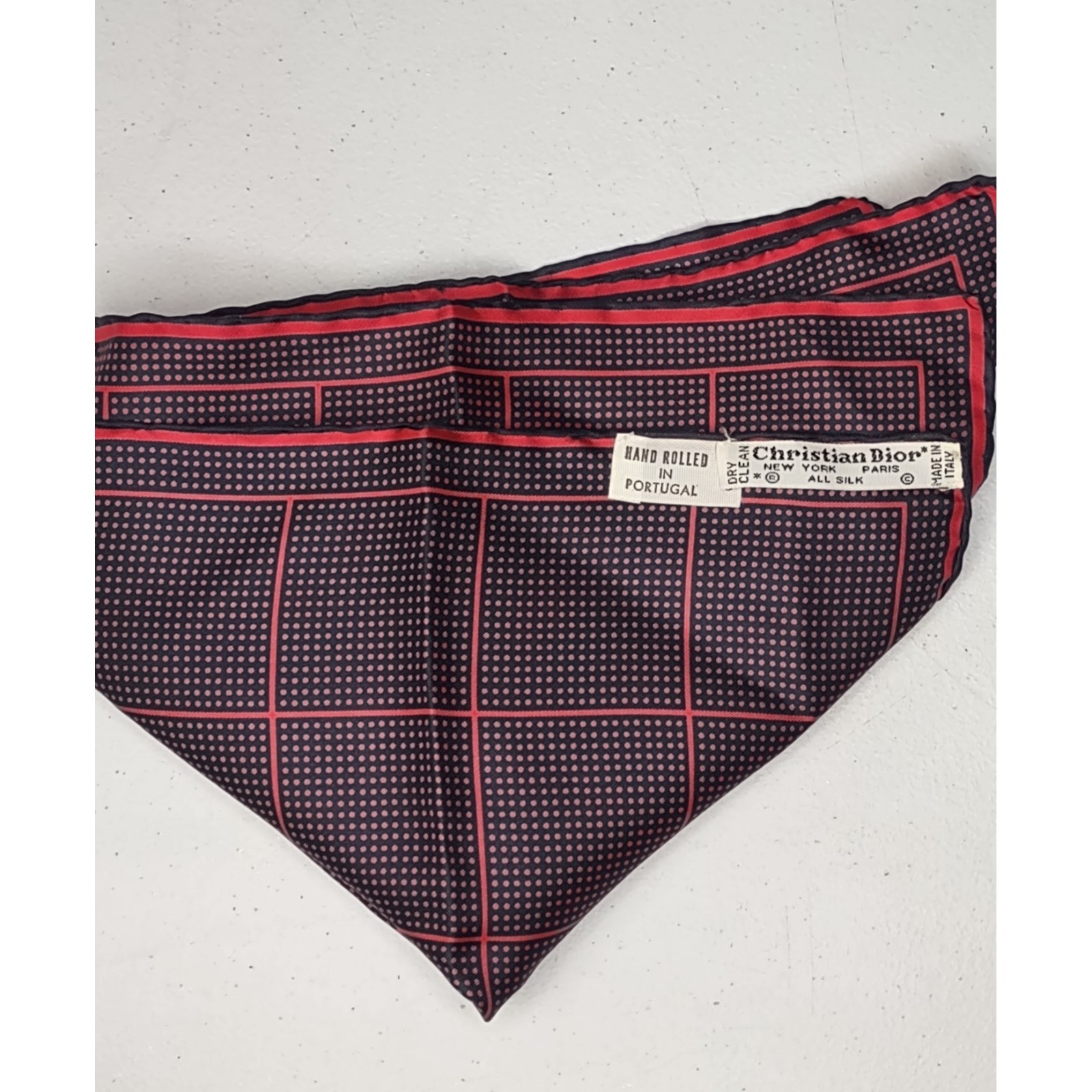 Vintage Christian Dior Italy Silk Pocket Square Handkerchief Plaid Red Burgundy